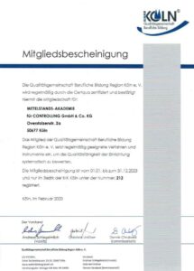 Mitgliedsbescheinigung der Qualitätsgemeinschaft Berufliche Bildung Region Köln für die Mittelstandsakademie. Februar 2023, 3 Unterschriften